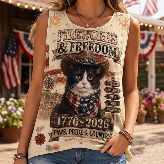 Fireworks & Freedom Patriotic Cat Graphic Tank Top - Paws & Pride Independence Day Vest