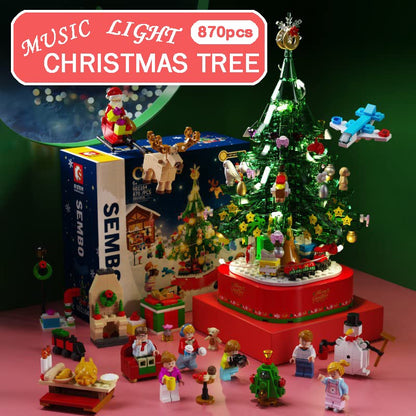 Christmas Tree Building Blocks Kits Party Set with Music Box Led Light Kit DIY Birthday Gift for Kids Boys Girls（870 Pieces）
