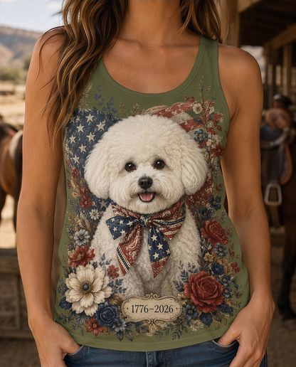 Vintage Americana Bichon Frise Floral Graphic Tank Top