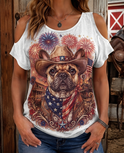 Star-Spangled Frenchie: Patriotic French Bulldog Cowboy Cold-Shoulder Tee