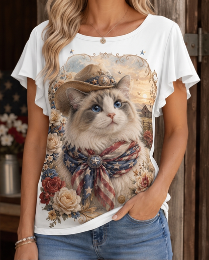 Rustic Dreamer: Western Ragdoll Cat Cowboy Flutter-Sleeve Tee
