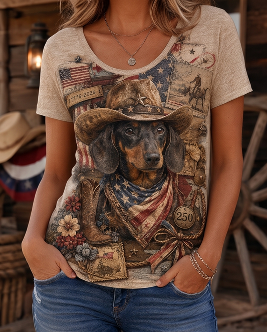 USA 250th Anniversary Patriotic Dachshund Cowboy Women's V-Neck Graphic T-Shirt