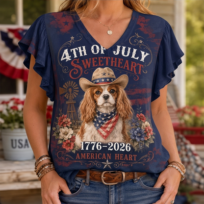 Vintage 4th of July Sweetheart Cavalier Cowboy Flutter Sleeve Top