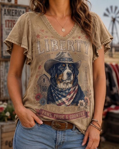 Liberty Ranch Spirit Bernese Mountain Dog Acid Wash Flutter Sleeve Top