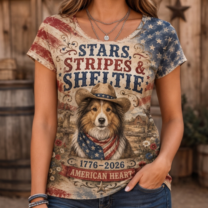 Stars, Stripes & Sheltie Patriotic Dog Graphic Tee - American Heart Western T-Shirt