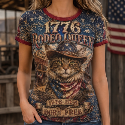 1776 Rodeo Queen Vintage Cat Ringer Tee - Born Free Patriotic Country Style Top