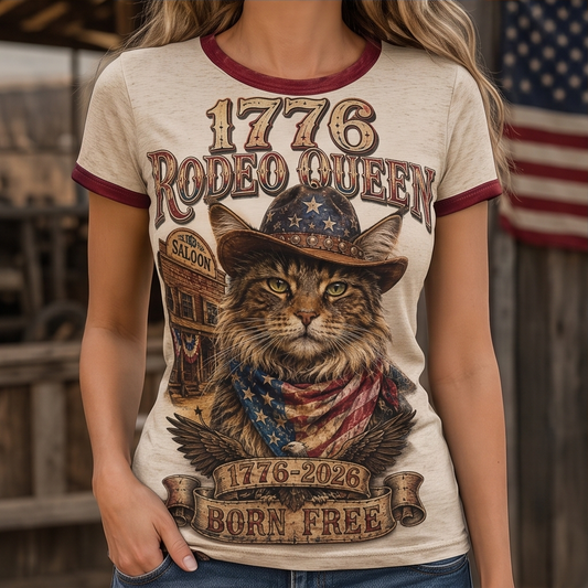 1776 Rodeo Queen Vintage Cat Ringer Tee - Born Free Patriotic Country Style Top