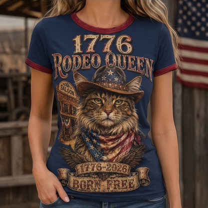 1776 Rodeo Queen Vintage Cat Ringer Tee - Born Free Patriotic Country Style Top