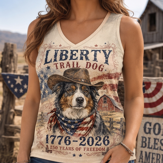 Liberty Trail Dog Australian Shepherd Graphic Tank Top - 250 Years of Freedom Western Vest